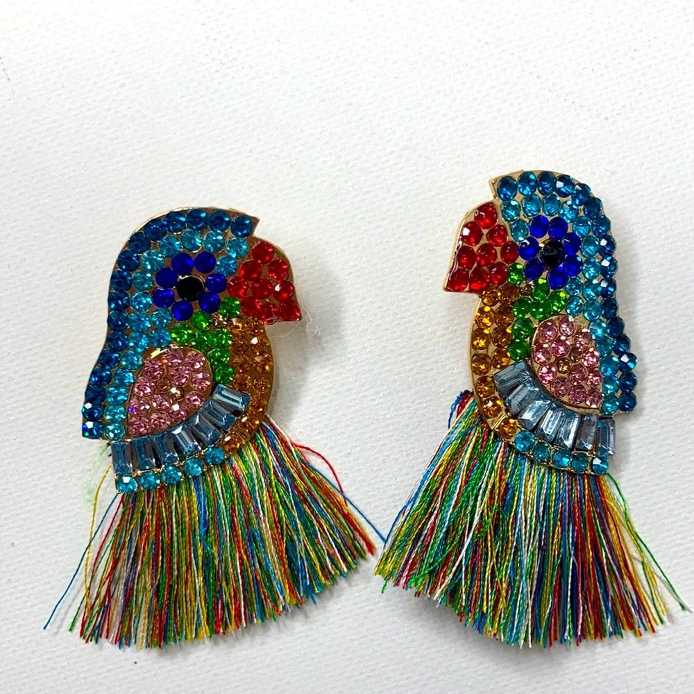 Fun Colorful Bird Statement Glass & Rhinestone Earrings with Tassel